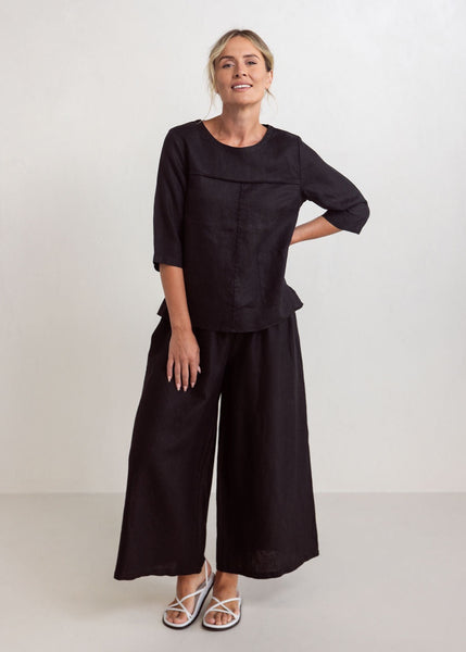 Linen Shirred Waist Pants - Black