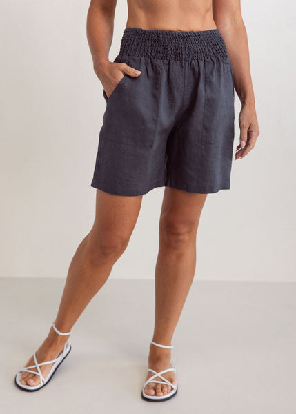 Linen Shirred Waist Short - Charcoal