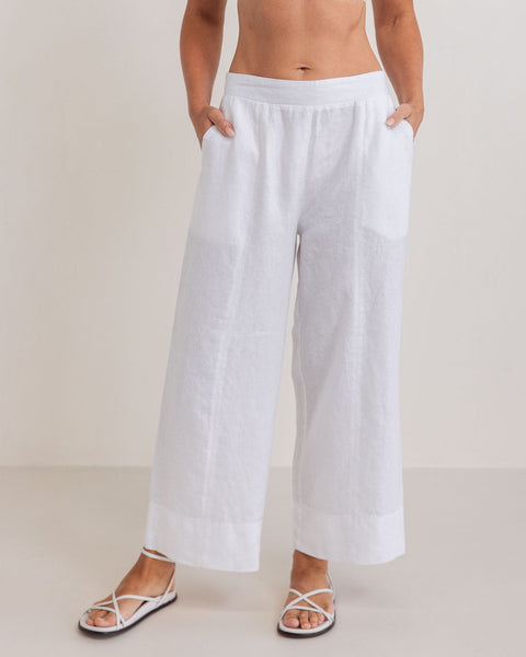 Linen 7/8 Seam Detail Wide Leg Pants - White
