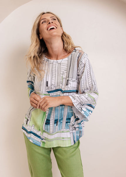 Linen 3/4 Sleeve Curved Hem Top - Rome