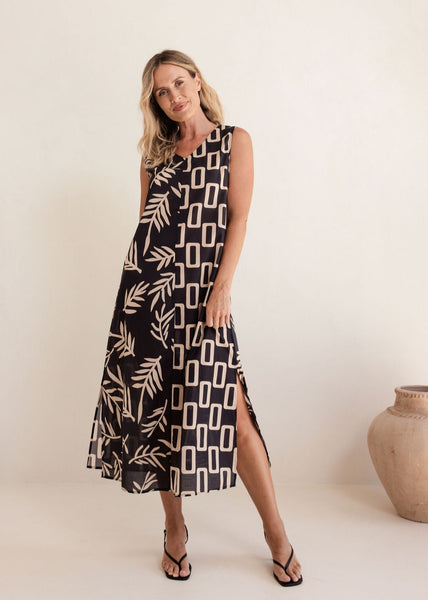 Cotton Spliced Maxi with Side Splits - Leaf & Geo