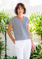 Button Detail V Top - Navy/White
