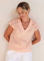 Button Detail V Top - Tangerine/White