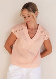 Button Detail V Top - Tangerine/White