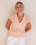 Button Detail V Top - Tangerine/White