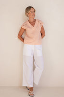 Button Detail V Top - Tangerine/White