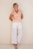 Button Detail V Top - Tangerine/White