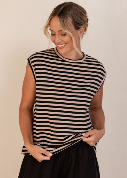 Cotton/Elastane Extended Sleeve Stripe T-Shirt - Black/Natural