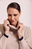 Merino Luxe Roll Neck Stripe Sweater - Wheat/Navy