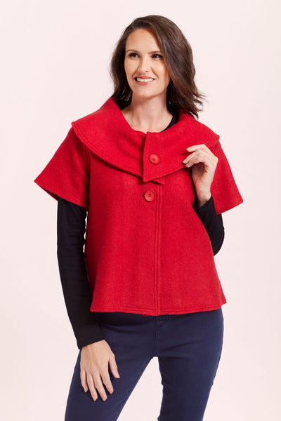 Collared Crop Boiled Wool Coat - Red