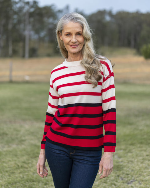 Merino Block Stripe Sweater - Red/Navy/White