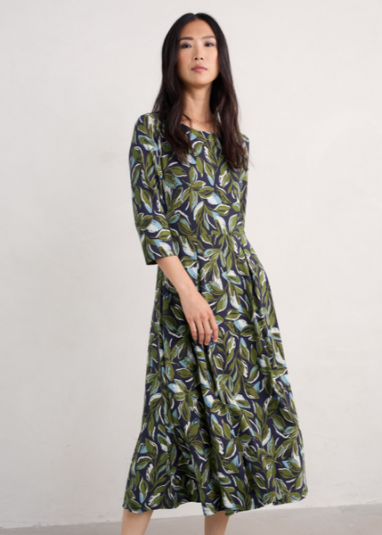 Wild Bouquet 3/4 Sleeve Midi Dress - Tonal Leaves