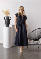 V Neck Shirred Waist Dress - Ink/White