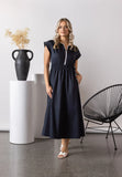 V Neck Shirred Waist Dress - Ink/White