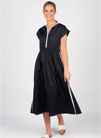 V Neck Shirred Waist Dress - Ink/White