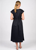 V Neck Shirred Waist Dress - Ink/White