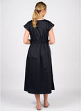V Neck Shirred Waist Dress - Ink/White