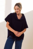 Boiled Wool Cowl Neck Top - Navy