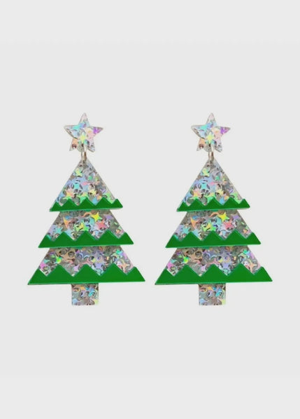 Silver & Green Resin Christmas Tree Earrings