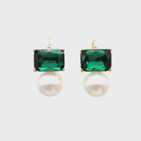 Maggie Emerald Rectangular Crystal with Faux Pearl Earrings