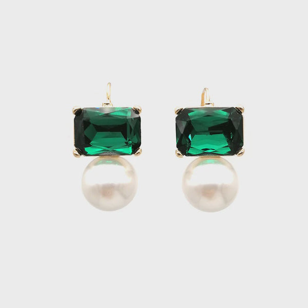 Maggie Emerald Rectangular Crystal with Faux Pearl Earrings