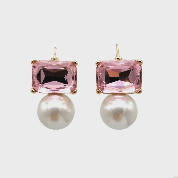 Maggie Light Pink Rectangular Crystal with Faux Pearl Earrings