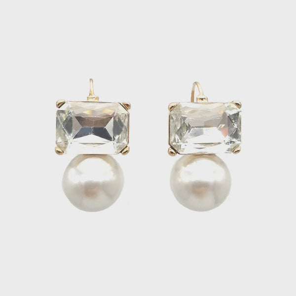 Maggie Clear Rectangular Crystal with Faux Pearl Earrings