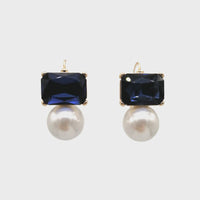 Maggie Navy Rectangular Crystal with Faux Pearl Earrings