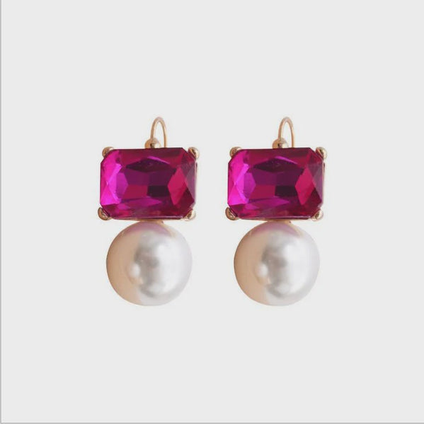 Maggie Bright Pink Rectangular Crustal with Faux Pearl Earrings