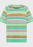 A short-sleeve crewneck t-shirt with horizontal stripes in shades of mint green, olive green, light gray, and cream, displayed on a light gray background.