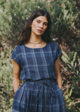 Mirella Blue Check Linen Cap Sleeve Top