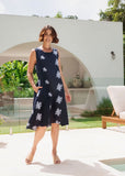 Linen Elastic Back Dress - Navy White Blossom