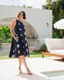 Linen Elastic Back Dress - Navy White Blossom
