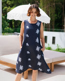 Linen Elastic Back Dress - Navy White Blossom
