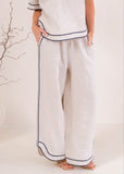 Linen Rope Trim Wide Leg Pants - Natural/Navy