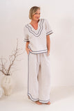 Linen Rope Trim Top - Natural/Navy