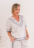 Linen Rope Trim Top - Natural/Navy