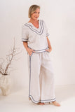Linen Rope Trim Wide Leg Pants - Natural/Navy