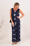 Linen Drawstring Pants - Navy/White Blossom