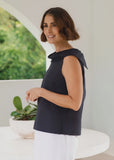 Cowl Neck Button Back Top - Navy