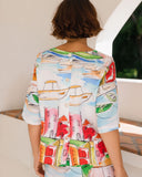 Linen Boat Neck Button Back Top - Seaside