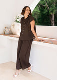 Ramie Elastic Waist Wide Leg Pants - Espresso