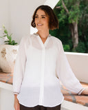 Ramie 3/4 Sleeve  Embroidery Top - White/Espresso