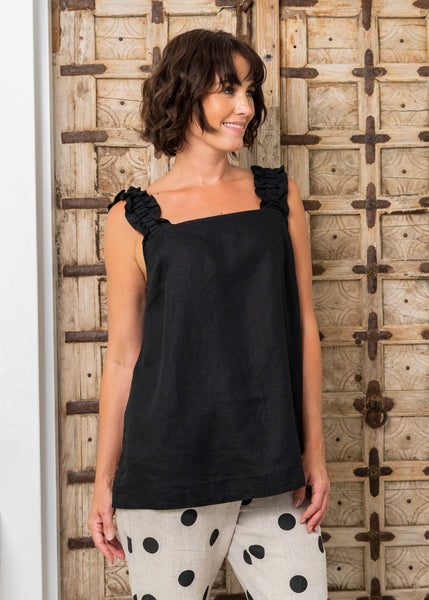 Linen Square Neck Top - Black