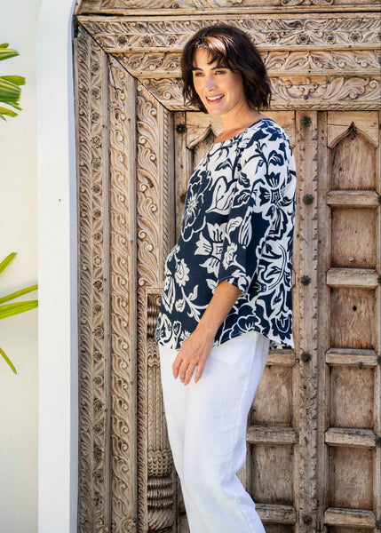 3/4 Sleeve Boat Neck Top - Vine Navy