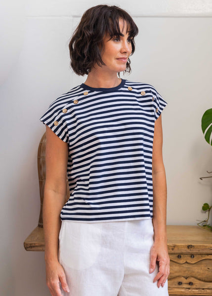 Button Detail Cap sleeve Top - NavyWhite