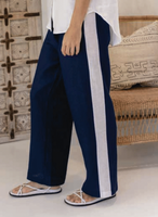 Linen Wide Leg Pants with Side Trim- Navy/White