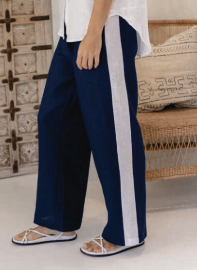 Linen Wide Leg Pants with Side Trim- Navy/White