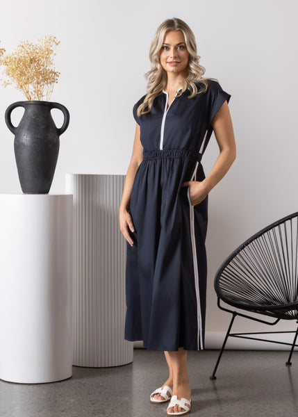 V Neck Shirred Waist Dress - Ink/White