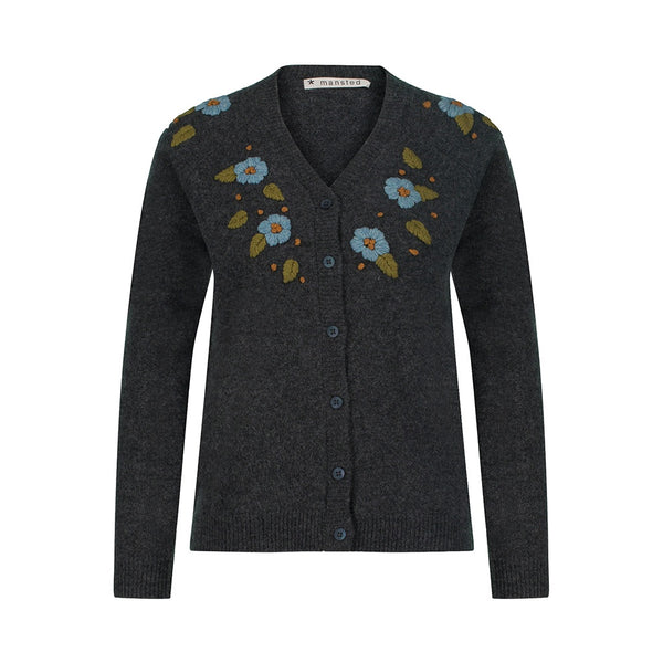 Britt Lambswool Embroidered Cardi - Charcoal